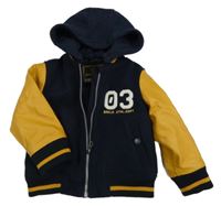 Tmavomodro-hořčicová flaušovo/koženková baseballová bunda s číslem a kapucí C&A