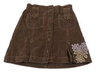 Hnědá manšestrová sukně s výšivkami květů 