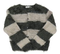 Antracitovo-lila pruhovaný propínací chlupatý svetr 