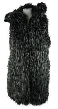 Dámská černo-šedá melírovaná kožešinová vesta s kapucí 