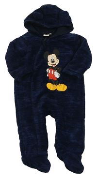 Tmavomodrá chlupatá podšitá kombinéza s Mickey mousem a kapucí Disney