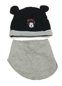 2set- černá bavlněná čepice s Mickey Mousem+ šedý bryndák 