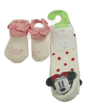 2x ponožky bílo-růžové s nápisem+ bílé s Minnie 