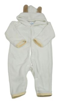 Bílo-béžová chlupatá kombinéza s kapucí s oušky