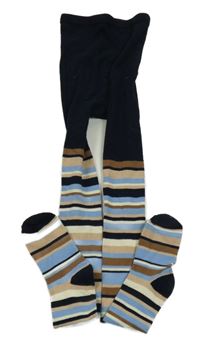 Černo-modro-béžové pruhované punčocháče