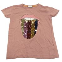 Starorůžové tričko se rty a překlápěcími flitry 