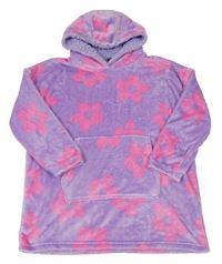 Lila-růžová chlupatá kytičkovaná oversize mikina s kapucí Originals