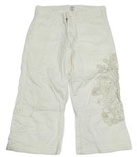 Bílé plátěné 7/8 kalhoty s výšivkou H&M
