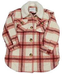 Smetanovo-vínovo-červená kostkovaná vlněná košilová bunda Primark