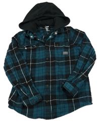 Petrolejovo-černá kostkovaná košilová bunda s kapucí F&F