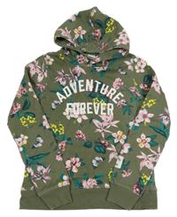 Khaki květovaná mikina s nápisem a kapucí H&M