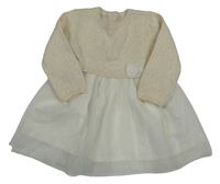 Béžovo-bílé pletené třpytivé šaty s tylovou sukní