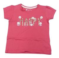 Růžové tričko s nápisem a kytičkami Primark