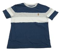 Petrolejovo-šedo-bílé pruhované tričko s výšivkou Next