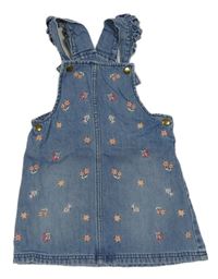 Modré riflové laclové šaty s kytičkami a volánky F&F