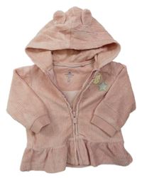 Růžová sametová žebrovaná propínací mikina s medvídkem a kapucí Mothercare