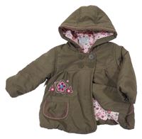 Hnědá šusťáková zateplená parka s květy a kapucí Topolino