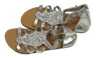 Stříbrné hnědé koženkové sandály s korálky Sandal Collection vel. 35