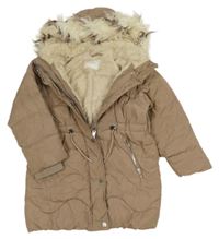 Světlehnědá prošívaná šusťáková zimní parka s kapucí s kožešinou Next