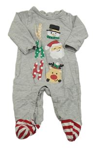 Šedý melírovaný vánoční overal se Santou a sobem a sněhuláčkem 
