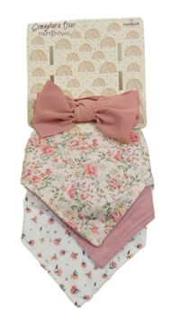 Nové - 4Set - 3x - Šátek/slinták + 1x - starorůžová vzorovaná čelenka s mašlí 