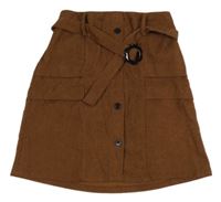 Hnědá manšestrová sukně s knoflíky a páskem SHEIN