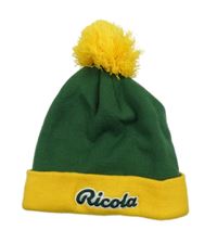 Tmavozeleno/žlutá pletená čepice s nápisem a bambulí
