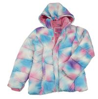 Růžovo-bílo-azurovo-fialová batikovaná prošívaná šusťáková zimní bunda s kapucí