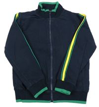 Tmavomodro-zelená propínací mikina s pruhy a nápisy 