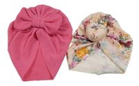 2x - Turbanová čepice - Tmavorůžová vzorovaná, světlepudrová s kytičkami