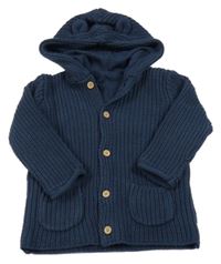 Tmavomodrý žebrovaný propínací podšitý svetr s kapucí s oušky George