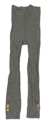 Šedé melírované žebrované punčochové legíny s květy a zajíčky MANY