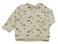 Světlebéžová melírovaná slabá mikina s lodičkami a parníčky a žraloky a velrybami Topomini
