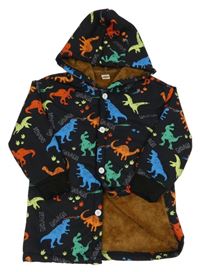 Černý zateplený kabát s barevnými dinosaury a kapucí