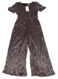 Nové - černo-stříbrno-starorůžový plisovaný kalhotový culottes slavnostní overal F&F