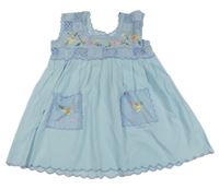 Světlemodré plátěné šaty s kytičkami a krajkou 