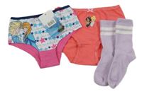 Nové - 3Set - Bílo/tmavorůžové kalhotky s Frozen + lososové kalhotky s princeznami Disney + světlefialové ponožky s pruhy