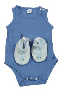 Nové - 2Set - Modré žebrované tílkové body SHEIN + světlemodré bačkory se sloníkem 