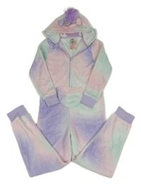 Světlerůžovo-fialovo-mátová plyšová kombinéza s kapucí - jednorožec H&M