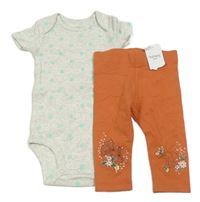 2set - Světlešedé melírované body s hvězdami + cihlové legíny se zvířaty a květy