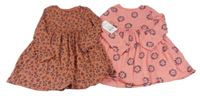 Nové - 2x bavlněné šaty - skořicové s leopardím vzorem + růžové s lvy F&F