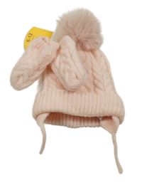 Nové - 2set - Růžová pletená čepice s bambulí + rukavice Primark
