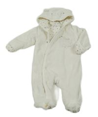 Smetanová chlupatá zateplená kombinéza s hvězdami a kapucí