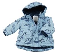 Světlemodrá šusťáková zimní bunda s dinosaury a kapucí Primark