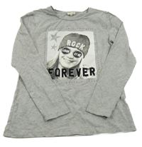 Šedé melírované triko s dívkou a kamínky OVS