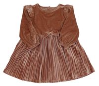 Starorůžové sametové šaty s plisovanou sukní a mašlí Dunnes