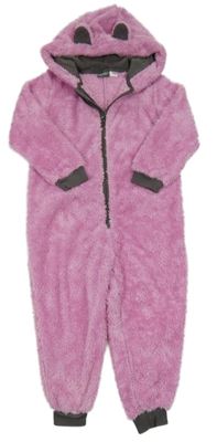 Růžová chlupatá kombinéza s kapucí s oušky Lupilu