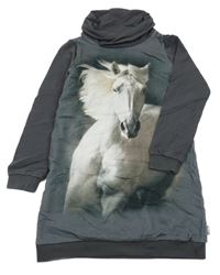 Tmavošedé teplákové šaty s koněm a komínovým límcem 