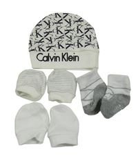 4 set - bílo-šedé ponožky + 2x bílo-šedé rukavice + bílá čepice s logem - Calvin Klein