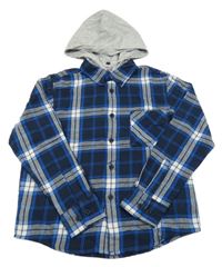 Tmavomdoro-šedá kostkovaná košile s šedou teplákovou kapucí Pocopiano